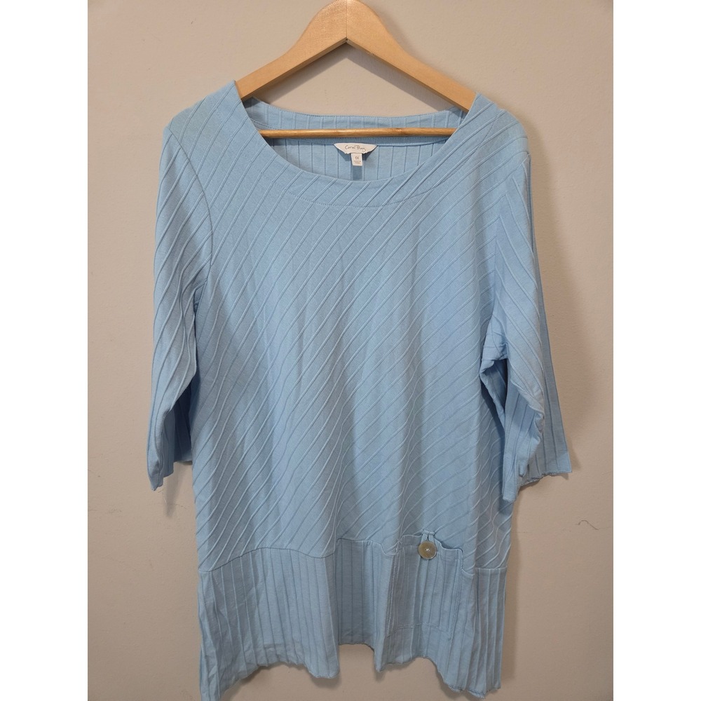 Coral Bay Womens 1X Light Blue Diagonal Rib Knit 3/4‎ Sleeve Tunic Top Pocket